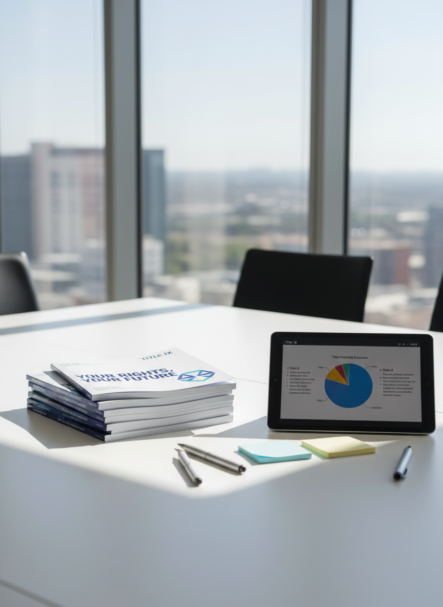 A stack of thoughtfully designed educational booklets about Title IX rests on a smooth white conference table. The top booklet features a bold, modern cover with the words “Your Rights, Your Future” in navy blue and teal, alongside an abstract emblem symbolizing balance and equality. Around the stack lie neatly arranged pens, sticky notes, and a tablet displaying a clear, colorful chart explaining reporting processes. The setting is a bright training room with glass walls and a softly blurred cityscape beyond. Natural daylight floods the space, creating a crisp, motivating atmosphere. Shot from a slightly elevated angle with sharp focus throughout, the composition feels structured and professional. The photographic style is clean and contemporary, highlighting access to clear, well-designed information and support.