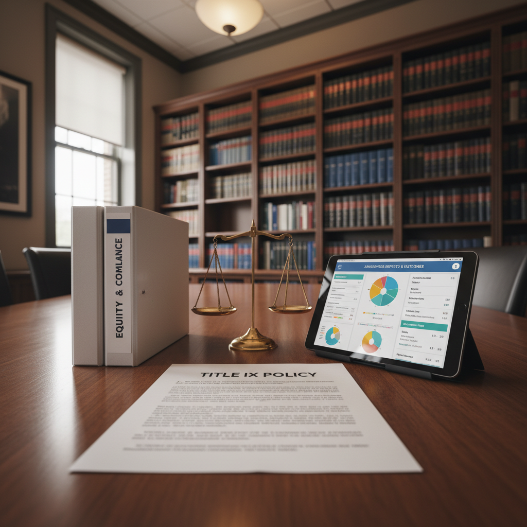 A formal meeting table in a university administrative office, topped with a printed Title IX policy document, a thick three-ring binder labeled “Equity & Compliance,” and a sleek tablet showing a dashboard of anonymous reports and outcomes. A small brass scale of justice sits nearby, its polished surface catching the light. Behind, floor-to-ceiling bookshelves are lined with legal references and institutional manuals, softly blurred. Warm, indirect office lighting combines with faint daylight from a side window, creating a balanced, serious ambience. Captured at a slightly low angle, the composition emphasizes the materials on the table as tools for systemic change. The image is rendered in professional photographic realism, suggesting accountability, structure, and institutional responsibility.