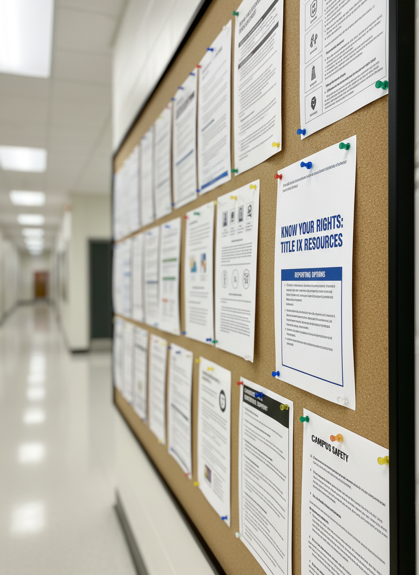 A close-up of a clean, modern bulletin board made of light cork framed in matte black metal, densely covered with printed flyers about Title IX resources, anti-harassment policies, and reporting options. Colorful pushpins secure documents with bold headings and clear infographics. The board is mounted in a bright school corridor with neutral walls and a polished floor, softly blurred in the background. Overhead fluorescent lighting is diffused, casting even illumination without harsh shadows. The composition uses the rule of thirds, drawing the eye to a central flyer titled “Know Your Rights.” The mood is informative and accessible, emphasizing that knowledge is publicly available. Photographic realism with a professional, organized aesthetic.